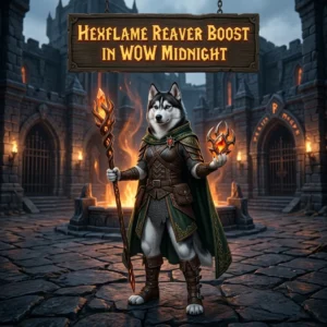 Promotional image representing the Hexflame Reaver Boost service in WoW Midnight, within the World of Warcraft: Midnight context.