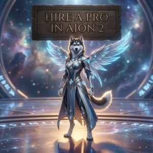 Square AION 2-themed artwork showing a fully clothed anthropomorphic female Husky beneath a sign offering to hire a pro.