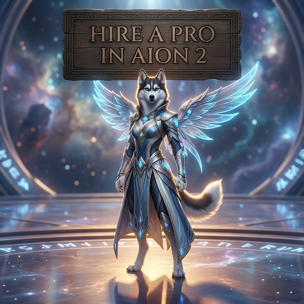 Square AION 2-themed artwork showing a fully clothed anthropomorphic female Husky beneath a sign offering to hire a pro.