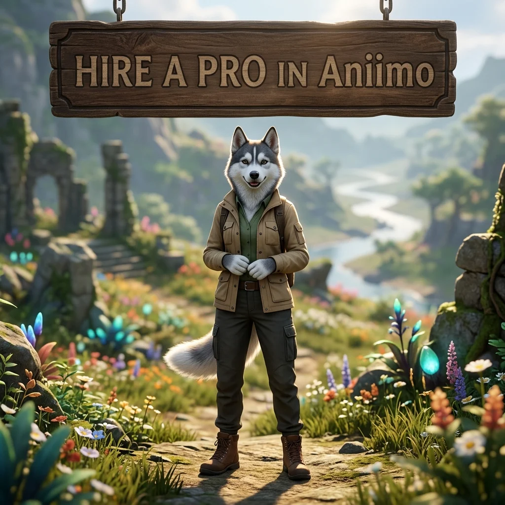 Game-themed promotional artwork for hiring a pro in Aniimo, featuring a dressed anthropomorphic Husky beneath an offer sign.