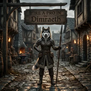 Game-themed artwork for hiring a pro in Dimraeth, featuring an upright female Husky beneath a promotional sign.