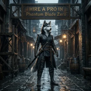 Anthropomorphic female Husky in game-themed attire beneath a sign advertising a Phantom Blade Zero pro service.