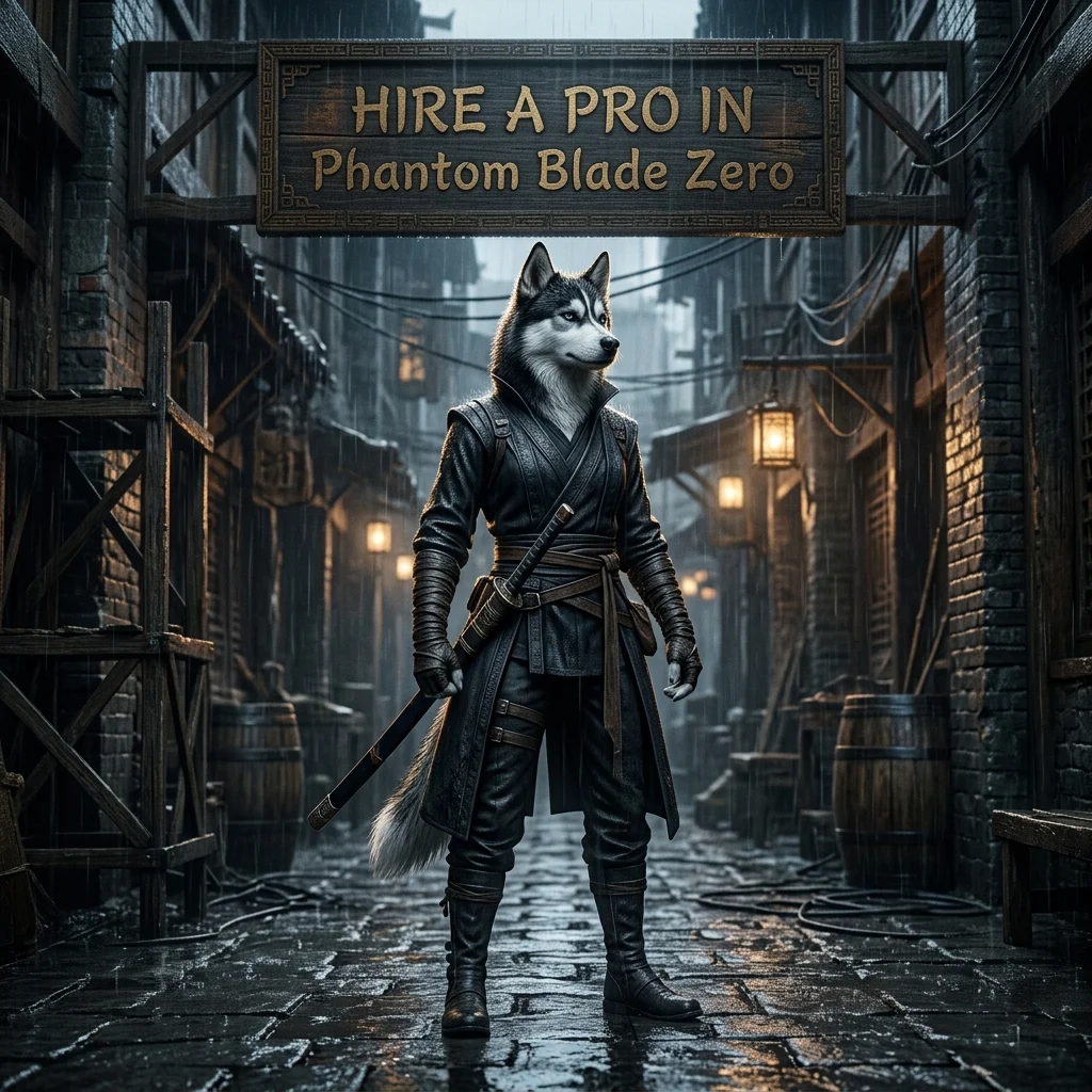 Anthropomorphic female Husky in game-themed attire beneath a sign advertising a Phantom Blade Zero pro service.