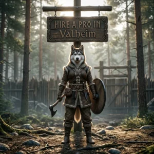 Upright female Husky in game-themed clothing beside a Valheim-inspired survival adventure setting and offer sign.