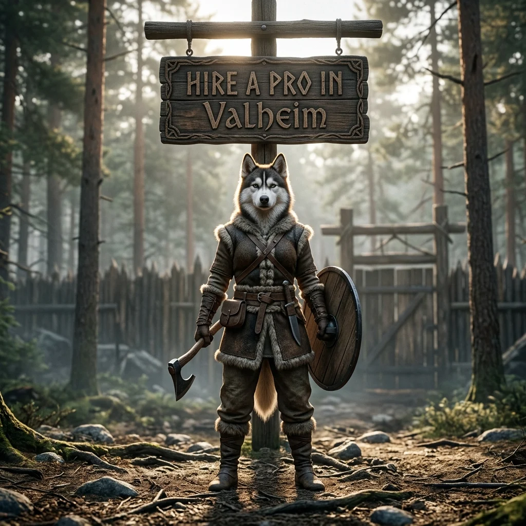 Upright female Husky in game-themed clothing beside a Valheim-inspired survival adventure setting and offer sign.