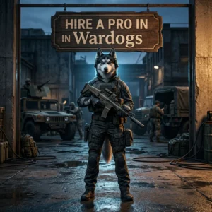 Game-themed promotional artwork showing an upright female Husky with a top sign reading “Hire a pro in Wardogs.”