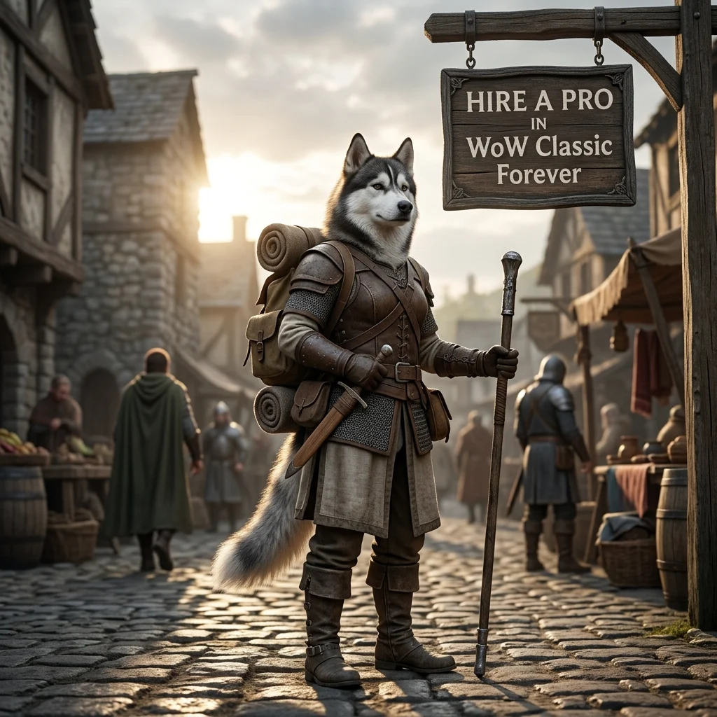 Square WoW Classic Forever artwork with an upright female Husky character, a themed game environment, and a top offer sign.