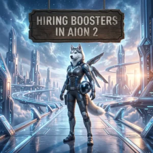 Square promotional artwork for AION 2 hiring boosters with an upright female Husky and a top offer sign.