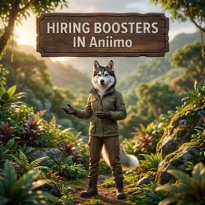 Square game-themed artwork showing an upright female Husky with a top sign reading “Hiring Boosters in Aniimo.”