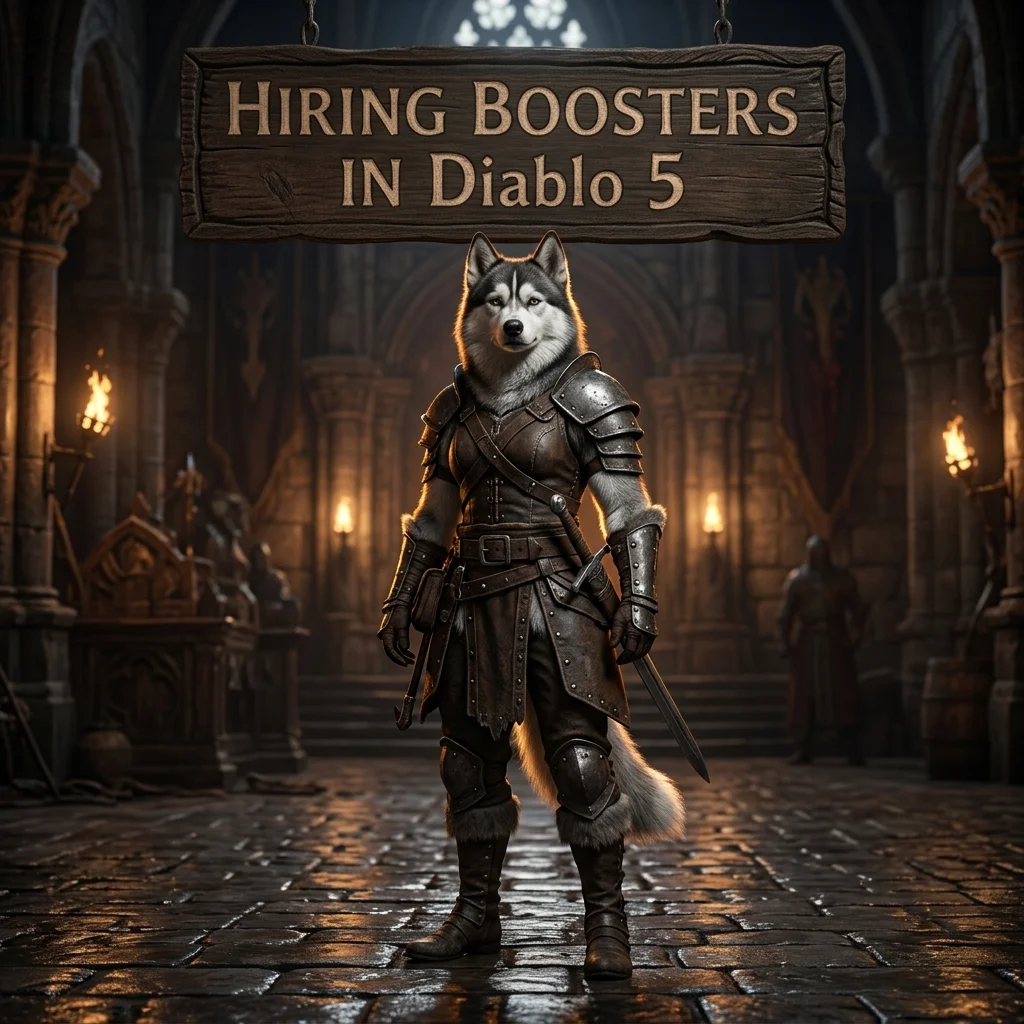 Square Diablo 5-themed artwork shows an upright female Husky in game-inspired clothing beneath a sign for hiring boosters.