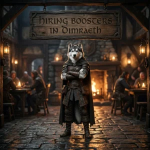 Square game-themed artwork showing an upright female Husky in themed clothing beneath a sign for Hiring Boosters in Dimraeth.