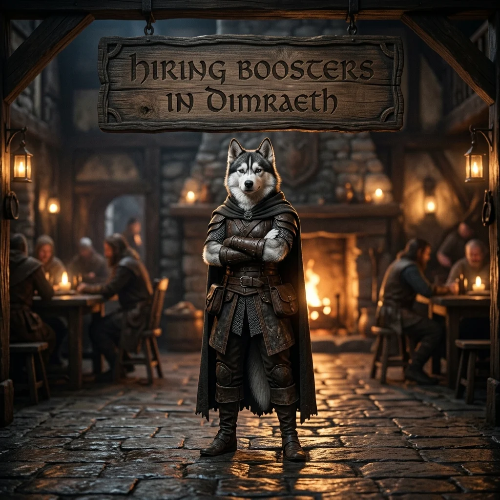 Square game-themed artwork showing an upright female Husky in themed clothing beneath a sign for Hiring Boosters in Dimraeth.