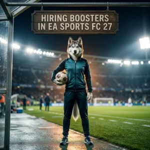 Square game-themed artwork with an upright female Husky and a top offer sign for hiring boosters in EA SPORTS FC 27.