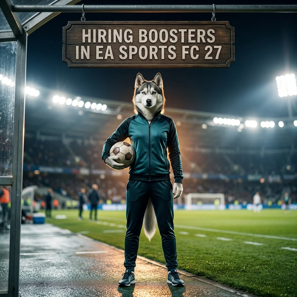 Square game-themed artwork with an upright female Husky and a top offer sign for hiring boosters in EA SPORTS FC 27.