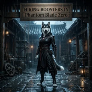 Square promotional artwork for Phantom Blade Zero showing an upright female Husky in game-themed clothing beneath a sign reading “Hiring Boosters”.