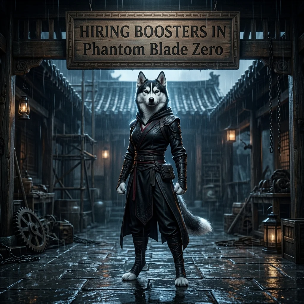 Square promotional artwork for Phantom Blade Zero showing an upright female Husky in game-themed clothing beneath a sign reading “Hiring Boosters”.