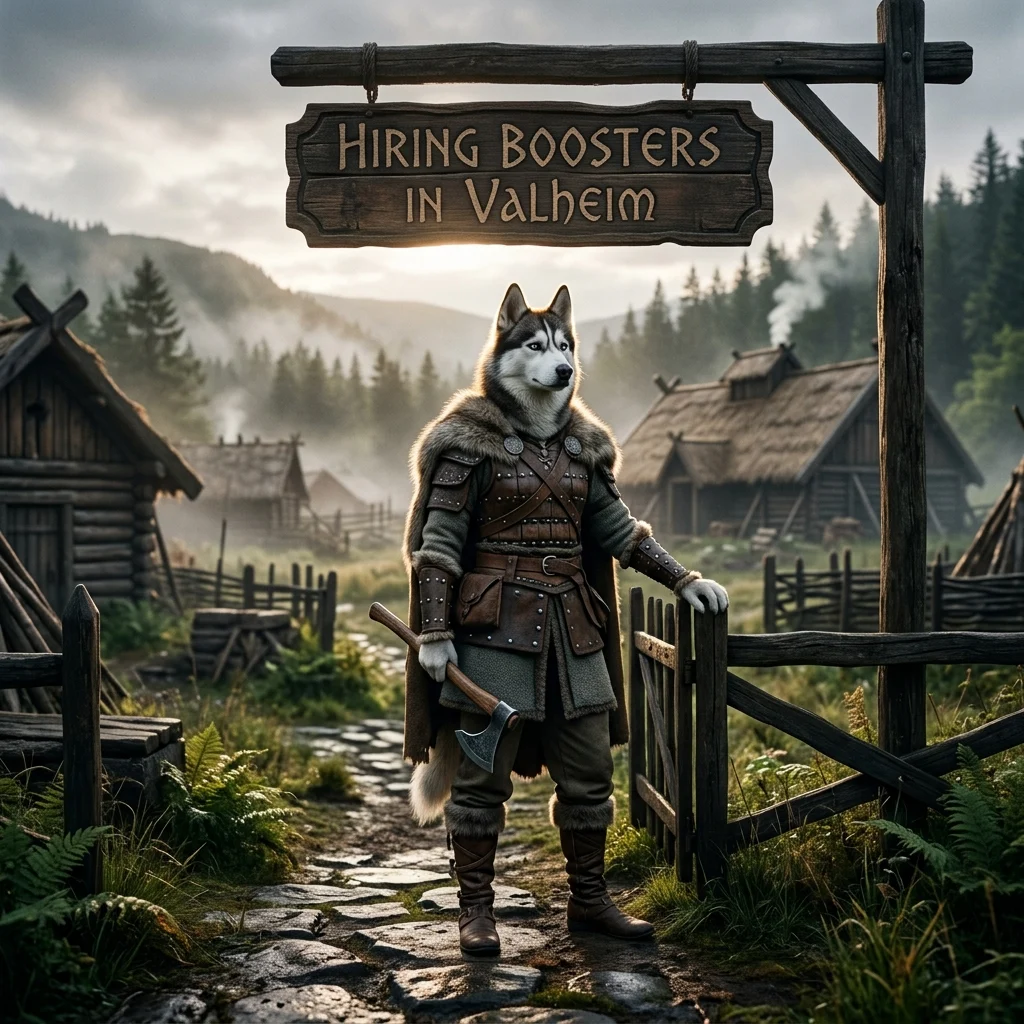 Anthropomorphic female Husky in Valheim-inspired styling beneath a sign for hiring boosters.