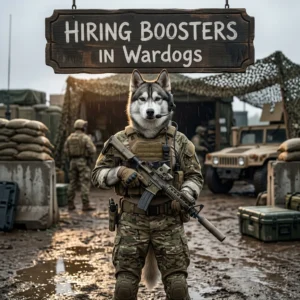 Game-themed artwork showing an upright female Husky beneath a sign about hiring boosters in Wardogs.