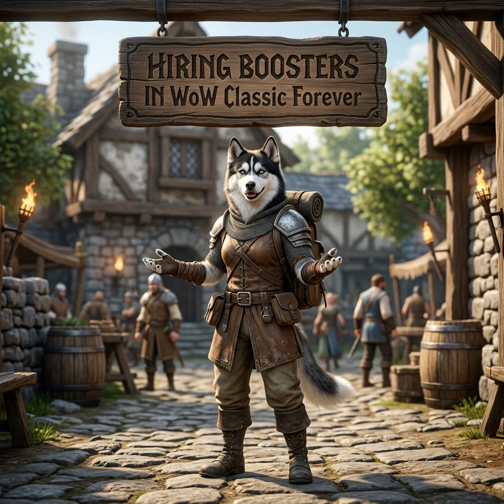 Square promotional artwork with a clothed female Husky mascot and a top sign for hiring boosters in WoW Classic Forever.