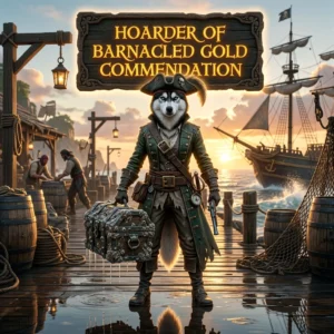 Promotional image for Hoarder of Barnacled Gold Commendation Boost in Sea of Thieves, showing the service used to help progress this commendation.