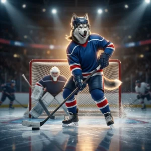 Illustrasie van yshokkiespelers wat tydens ’n wedstryd om die puck meeding, sonder enige sigbare teks.