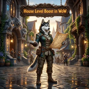 Promotional image for the House Level Boost in WoW service, focused on house level progression in World of Warcraft.