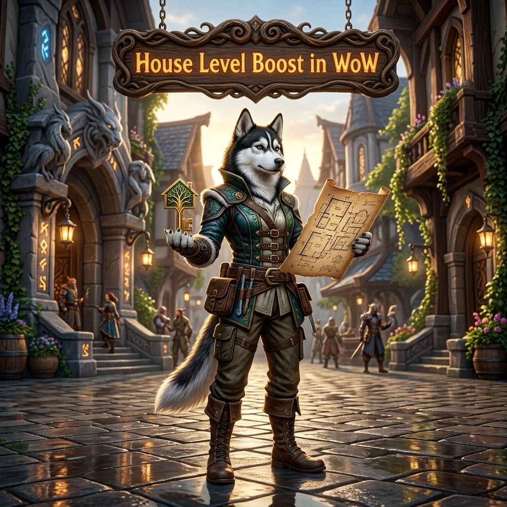 Promotional image for the House Level Boost in WoW service, focused on house level progression in World of Warcraft.