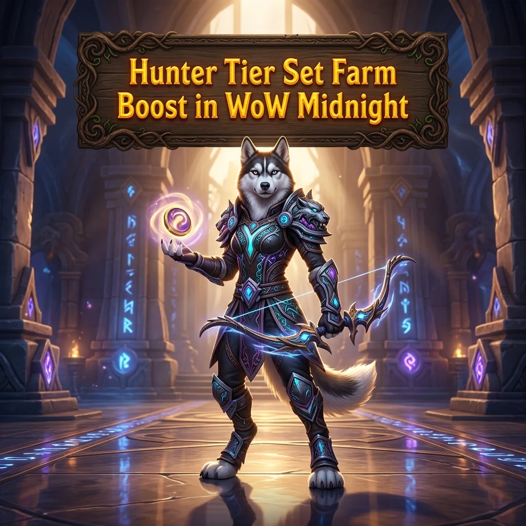 Promotional image for the Hunter Tier Set Farm Boost service in World of Warcraft: Midnight