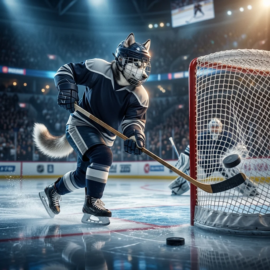 Kynningarmynd fyrir leiðbeiningar um markaskorun í NHL 26, með íshokkíleikmönnum á svellinu.