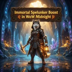 Promotional image for the Immortal Spelunker Boost service in WoW Midnight.