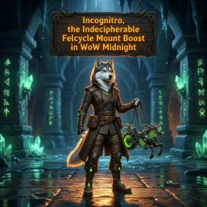 Promotional image for Incognitro, the Indecipherable Felcycle Mount Boost service in WoW Midnight.