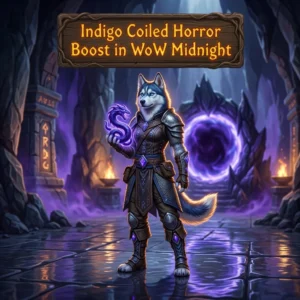 Promotional image for the Indigo Coiled Horror Boost service in World of Warcraft: Midnight.