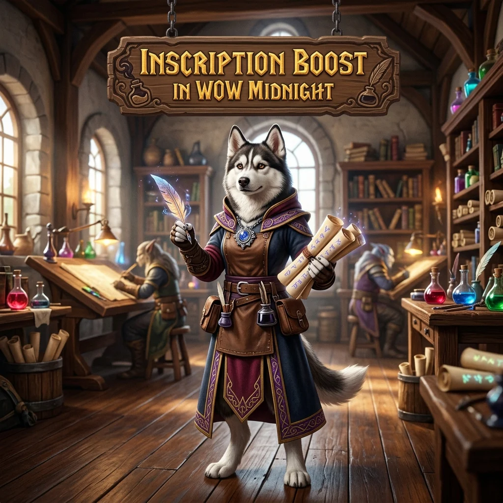 Promotional image representing the Inscription Boost service in WoW Midnight.