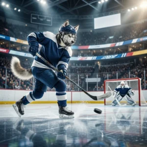 Ilustracja przedstawiająca dynamiczną scenę hokejową związaną ze zdobywaniem bramek w NHL 26.
