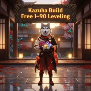 Promotional image for the Kazuha Build Free 1–90 Leveling Boost service in Genshin Impact