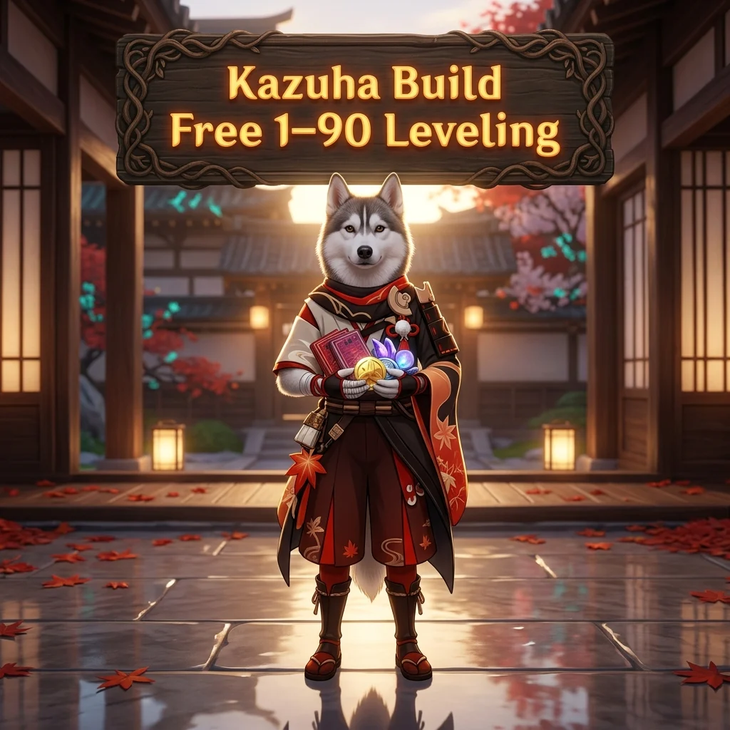 Promotional image for the Kazuha Build Free 1–90 Leveling Boost service in Genshin Impact