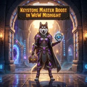 Promotional image for Keystone Master Boost in WoW Midnight, a service focused on Mythic+ progression toward the Keystone Master achievement.