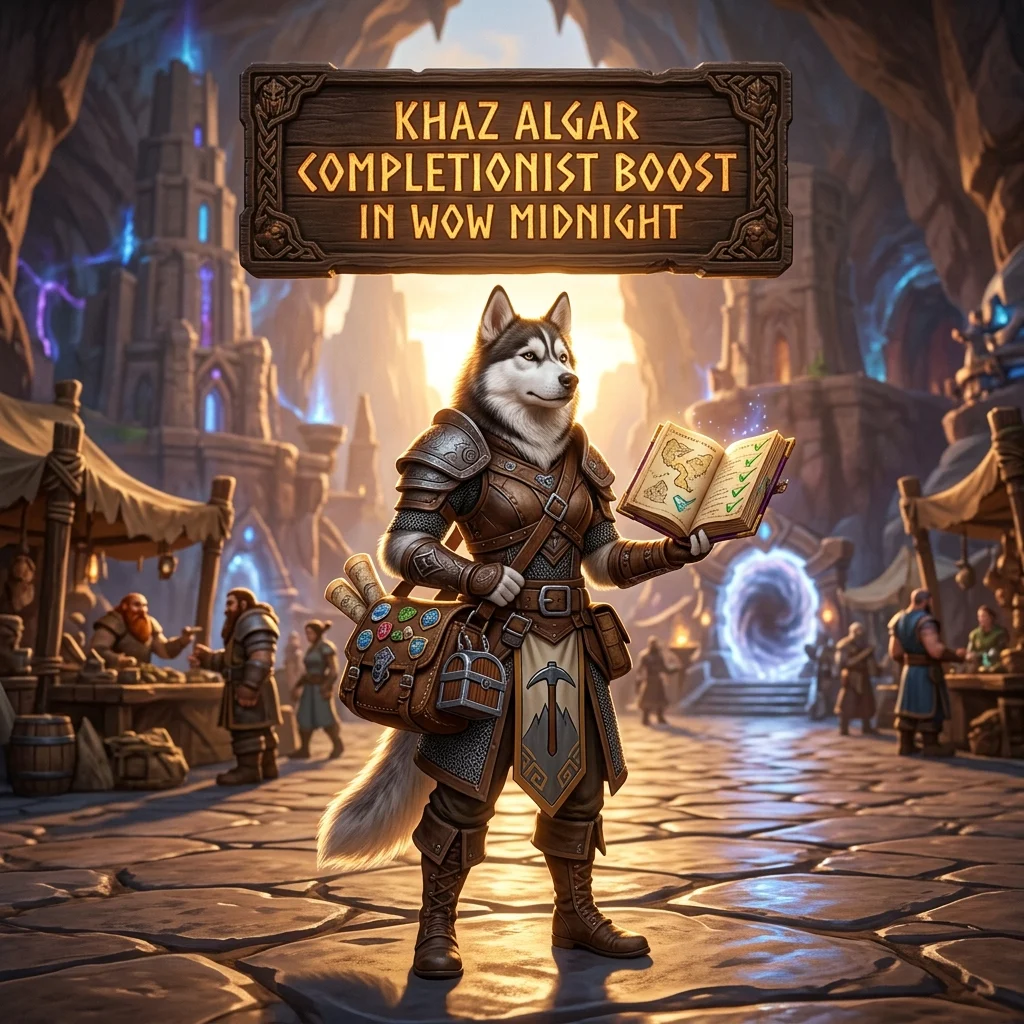Promotional image for the Khaz Algar Completionist Boost service in WoW Midnight