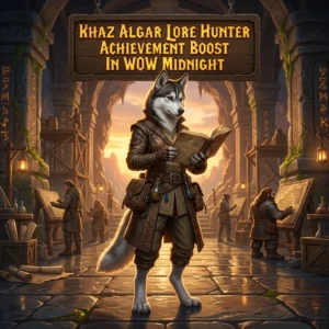 Promotional image for the Khaz Algar Lore Hunter Achievement Boost service in WoW Midnight.