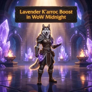 Promotional image for the Lavender K’arroc Boost service in World of Warcraft: Midnight