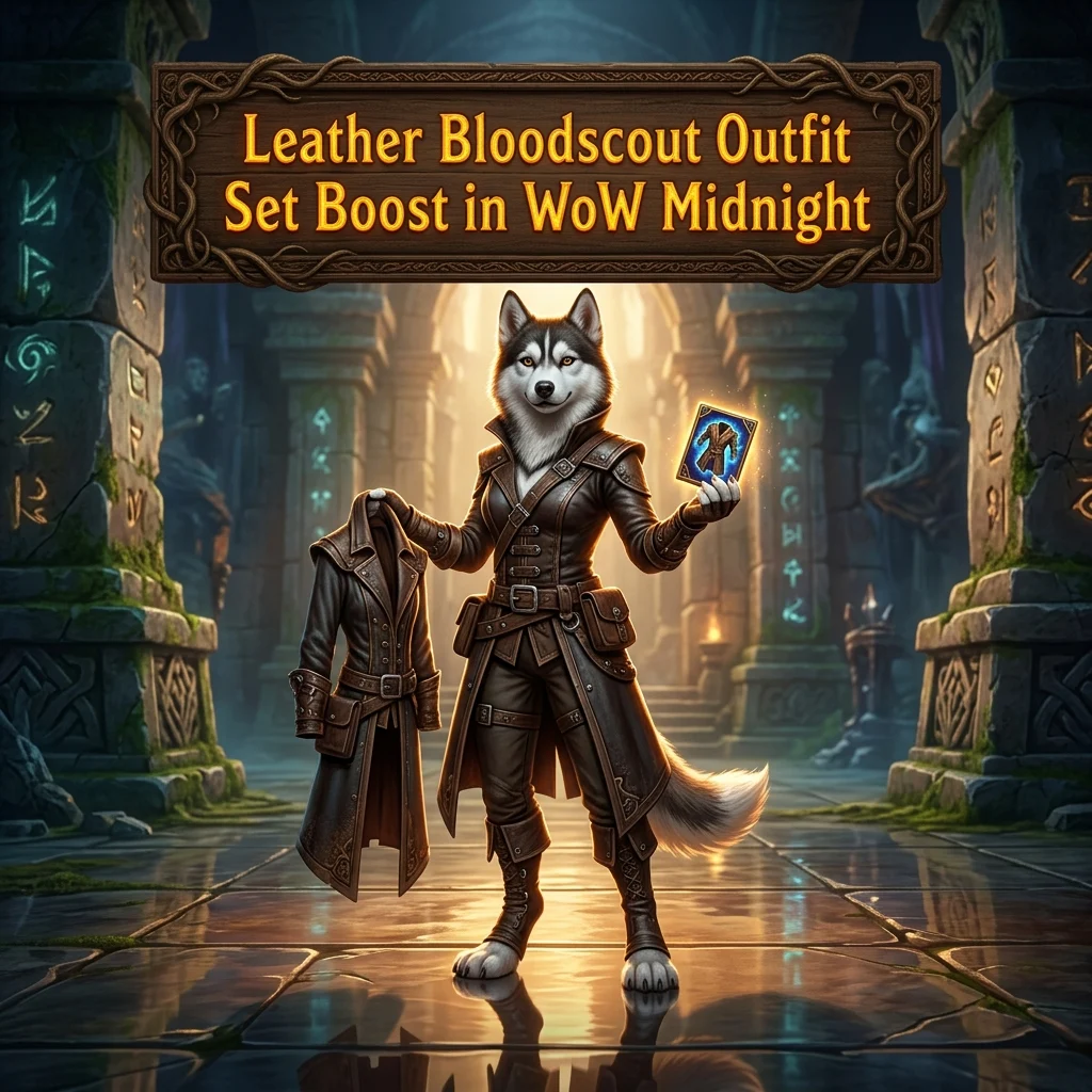 Promotional image for the Leather Bloodscout Outfit Set Boost service in WoW Midnight.