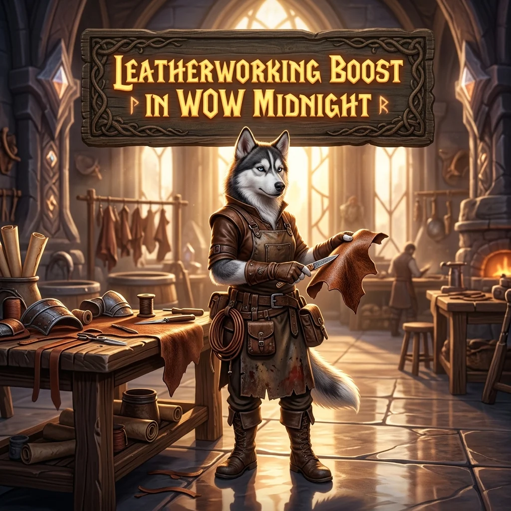 Promotional image representing the Leatherworking Boost service in WoW Midnight.
