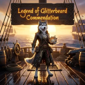 Promotional image for Legend of Glitterbeard Commendation Boost in Sea of Thieves, showing the service offered for this commendation.