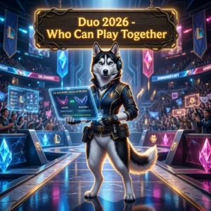 Promotional image for the LoL Duo Rank Calculator 2026, representing who can play together by rank in LoL.