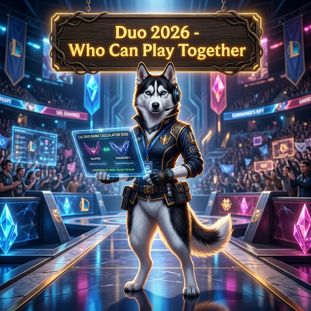 Promotional image for the LoL Duo Rank Calculator 2026, representing who can play together by rank in LoL.