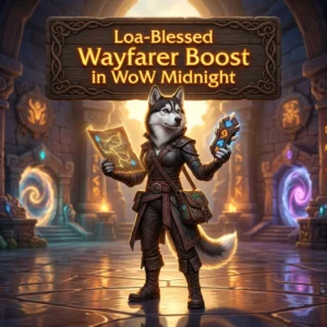 Promotional image for the Loa-Blessed Wayfarer Boost service in World of Warcraft: Midnight.