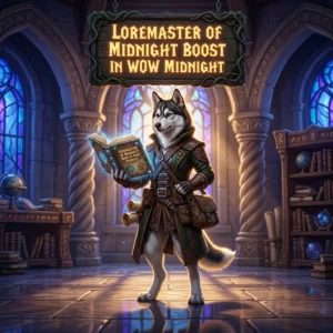 Promotional image for the Loremaster of Midnight Boost service in WoW Midnight.