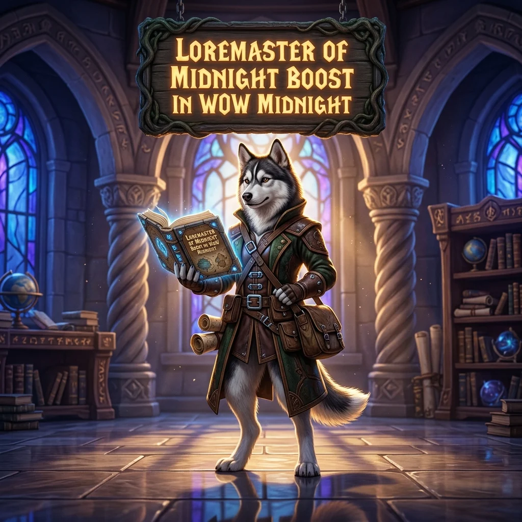 Promotional image for the Loremaster of Midnight Boost service in WoW Midnight.