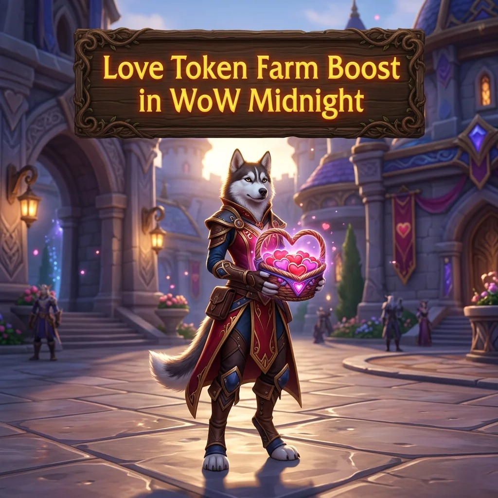 Promotional image for the Love Token Farm Boost service in World of Warcraft: Midnight