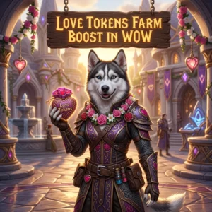 Promotional image for the Love Tokens Farm Boost service in World of Warcraft, focused on farming Love Tokens.